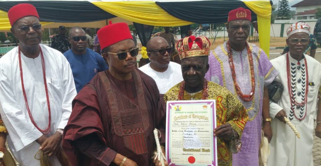 Obiano Presents Certificate Of Recognition To Igwe Chukwura Of Umudioka Community