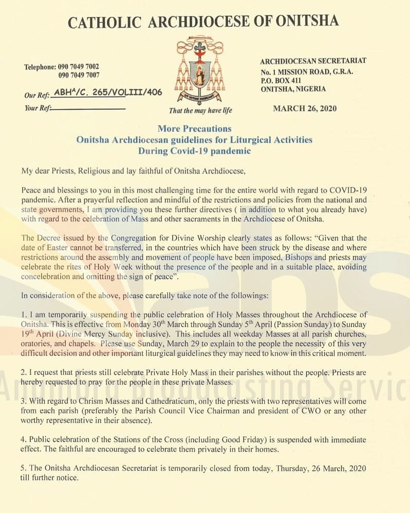 Catholic Archdioce Of Onitsha Suspends Public Celebration Of Holy Mass With Effect From Monday, 30th March, 2020 Until Sunday, 19th April, 2020.