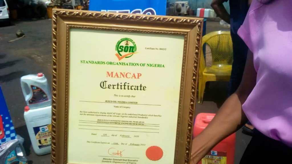 SON Presents MANCAP Certificate To JEZCO Oil In Awka