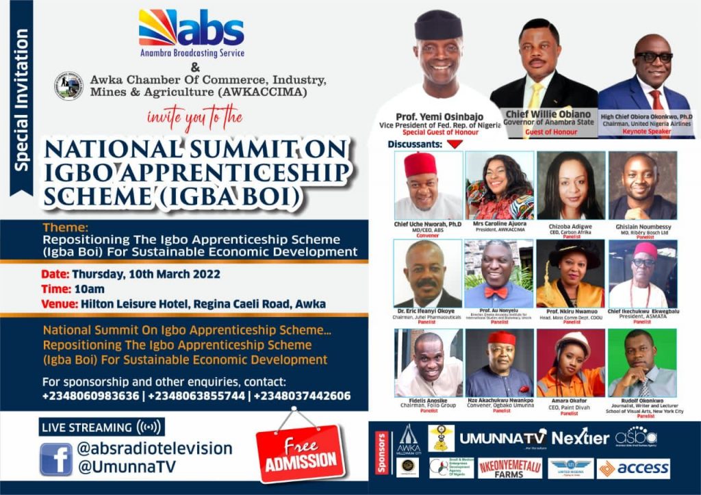 Invitation To National Summit On Igbo Apprenticeship (Igba-Boi) Holding 10/03/22