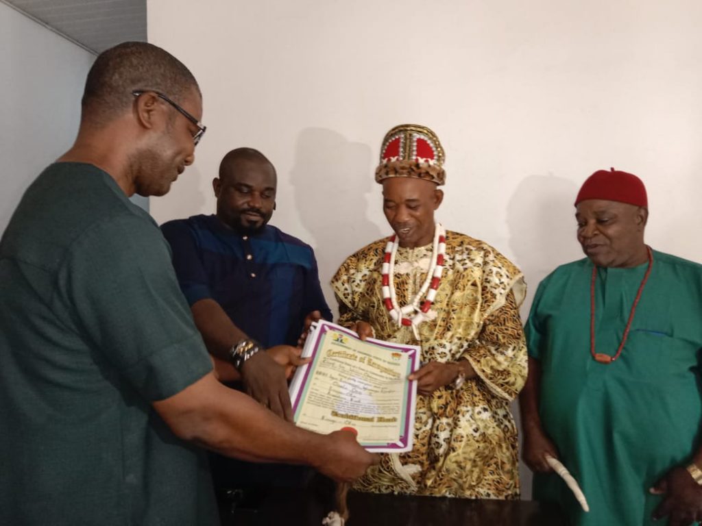 Anambra State Govt Presents Certificate Of Recognition To Traditional Ruler Of Enugwu Otu Aguleri, Anambra East Council Area, Igwe Emmanuel  Ejiofor