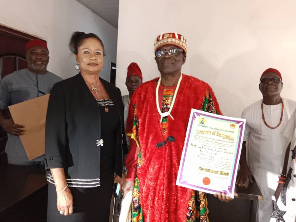 Traditional Ruler Of Ikem-Ivite, Anambra East Council Area, Igwe  Obidike Receives Certificate Of Recognition From Anambra State Govt