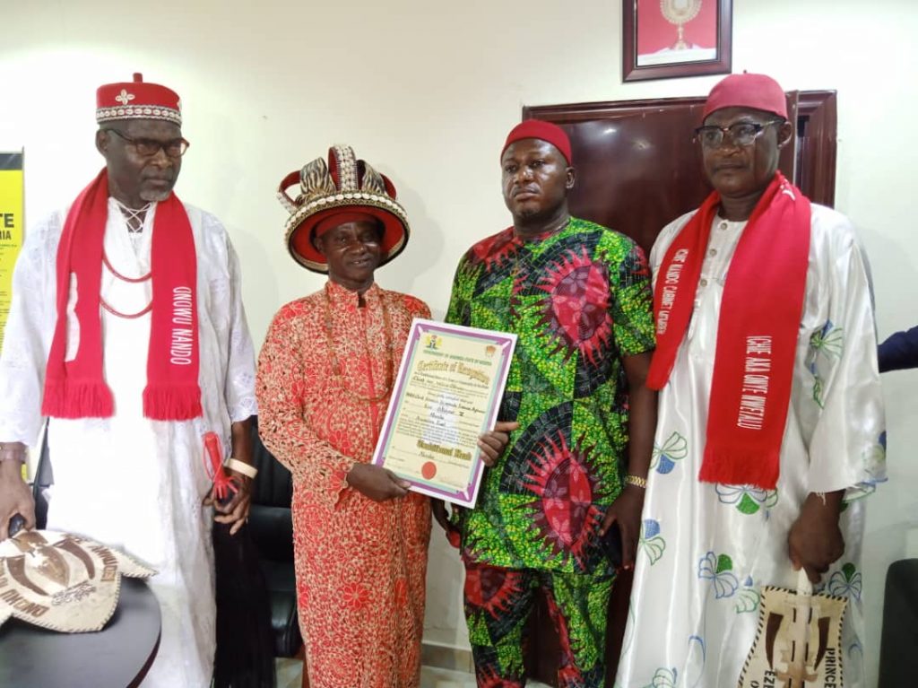 Traditional Ruler Of Nando, Anambra East Council Area, Igwe Aghaze  Receives Certificate  Of Recognition From Anambra State Govt