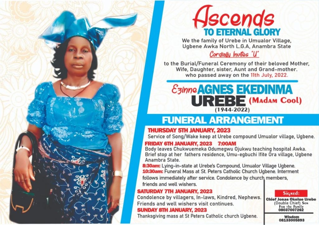 Mrs Agnes Urebe  Buried At Umualor Village Ugbene Awka North Council Area