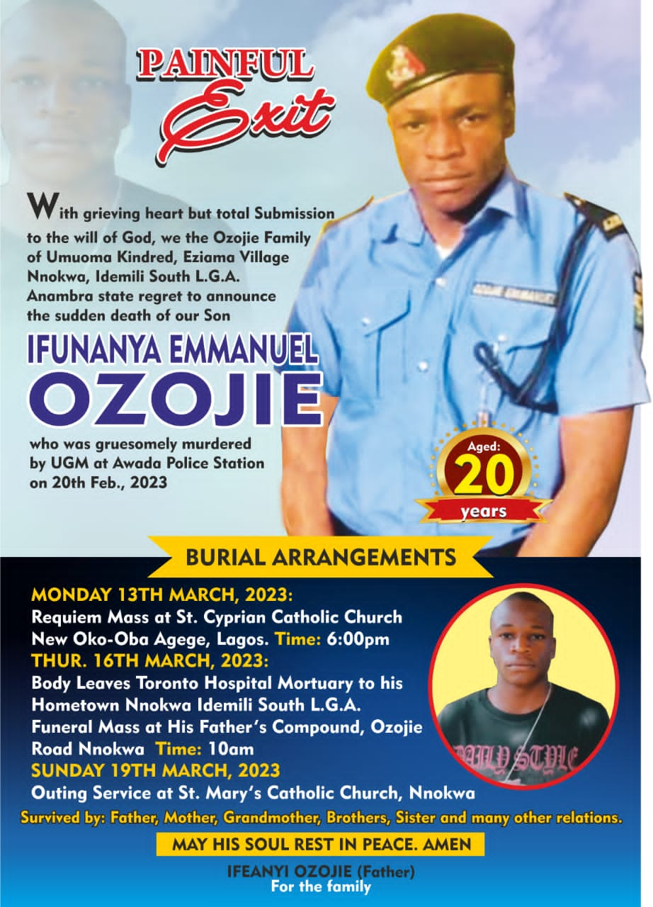 20 – Yr Police Constable, Ozojie Killed By Unknown Gunmen At Awada Buried At Nnokwa Community, Idemili South Council Area