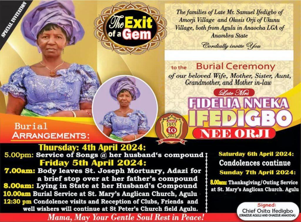 LATE MRS NNEKA    FIDELIA IFEDIGBO : A  MOTHER  WITH  HEART OF GOLD