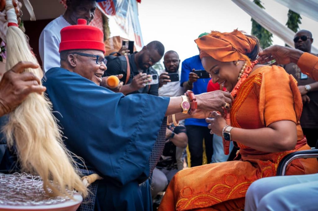 CONFERMENT OF “MMILI GULU-EGU ” CHIEFTANCY TITLE ON ANAMBRA GOVERNOR’S WIFE MRS NONYE SOLUDO